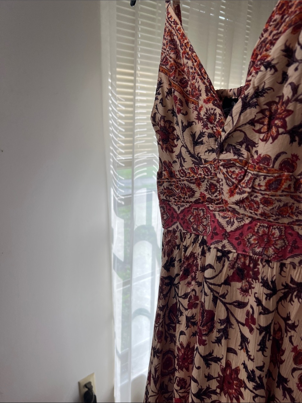 🌞 Angie Bohemian Peach & Burgundy Floral Print spagetti strin maxi dress women S - Picture 13 of 16